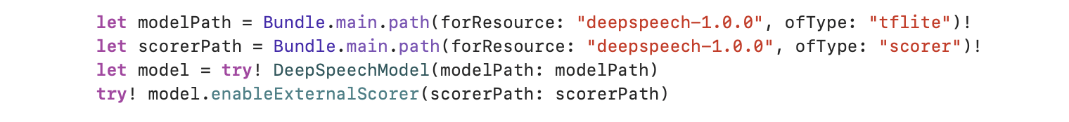 Screenshot of some example code using the new Swift bindings for DeepSpeech
